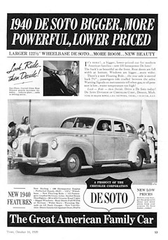 1940 DeSoto más grande, más potente, más económico. Mayor distancia entre ejes de 122 1/2 pulgadas... más espacio... nueva belleza