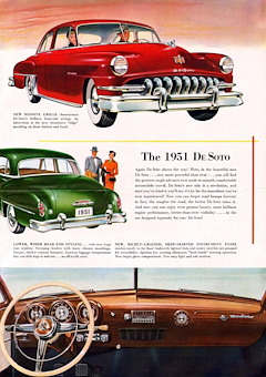 1951 DeSoto. La nueva parrilla masiva caracteriza el brillante estilo frontal de DeSoto. Una innovación es la nueva moldura de "cresta" decorativa en los guardabarros delanteros y el capó.